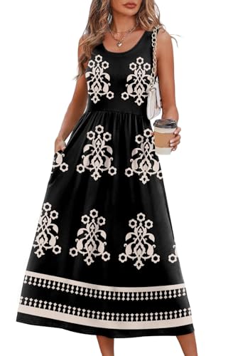 WIHOLL Women's Flowy Midi Sundress Sleeveless Casual Beach Dress Pockets
