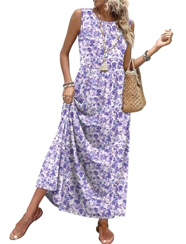 WIHOLL Summer Maxi Dress Flowy Sleeveless Sundress with Pockets