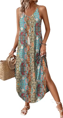 WIHOLL Boho Summer Maxi Dress Halter Neck Sundress with Pockets