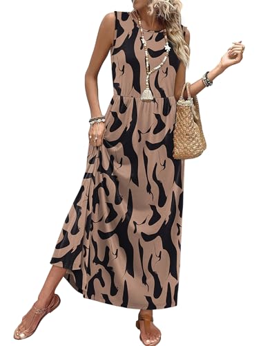 WIHOLL Sleeveless A-Line Maxi Dress with Pockets Flowy Summer Sundress