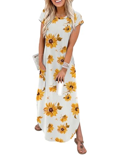 WIHOLL Crewneck Maxi Dress Cap Sleeve Casual with Pockets