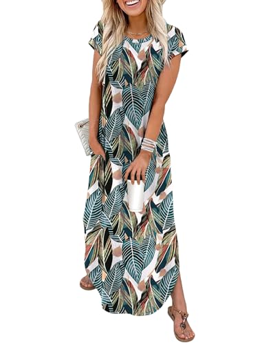 WIHOLL Crewneck Maxi Dress Cap Sleeve Casual with Pockets