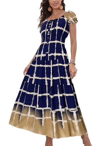 OSTOO Womens Boho Floral Maxi Dress Vintage Style Short Sleeves