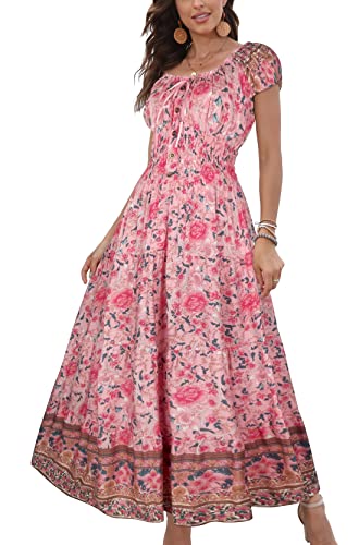 OSTOO Womens Boho Floral Maxi Dress Vintage Style Short Sleeves