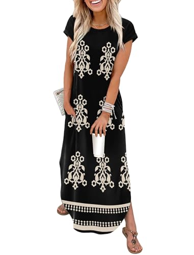 WIHOLL Crewneck Maxi Dress Cap Sleeve Casual with Pockets