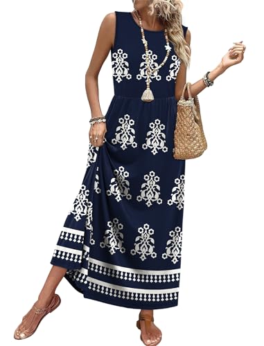 WIHOLL Sleeveless A-Line Maxi Dress with Pockets Flowy Summer Sundress