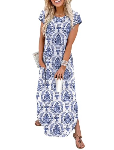 WIHOLL Crewneck Maxi Dress Cap Sleeve Casual with Pockets