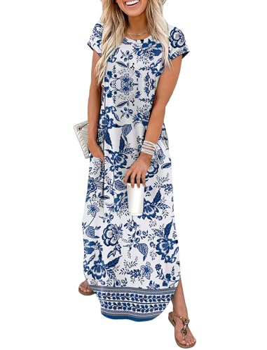 WIHOLL Crewneck Maxi Dress Cap Sleeve Casual with Pockets