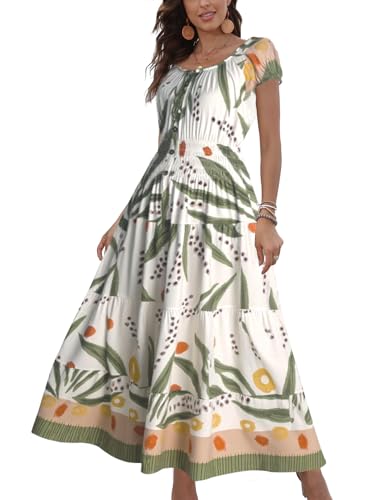 OSTOO Womens Boho Floral Maxi Dress Vintage Style Short Sleeves