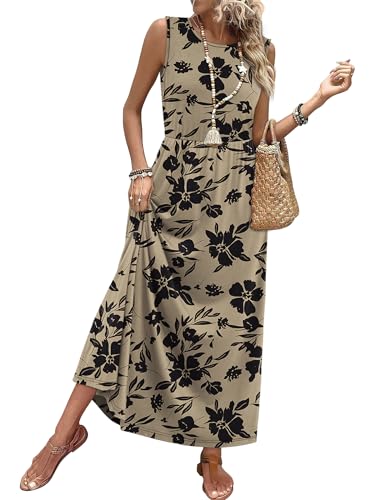 WIHOLL Sleeveless A-Line Maxi Dress with Pockets Flowy Summer Sundress