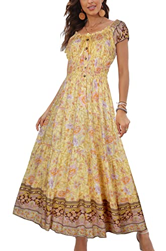 OSTOO Womens Boho Floral Maxi Dress Vintage Style Short Sleeves
