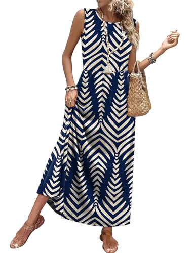 WIHOLL Sleeveless A-Line Maxi Dress with Pockets Flowy Summer Sundress