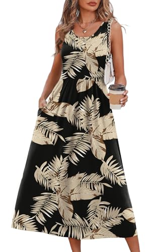 WIHOLL Women's Flowy Midi Sundress Sleeveless Casual Beach Dress Pockets