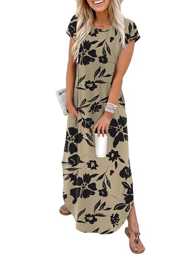 WIHOLL Crewneck Cap Sleeve Maxi Dress with Pockets