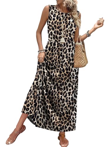 WIHOLL Sleeveless A-Line Maxi Dress with Pockets Flowy Summer Sundress