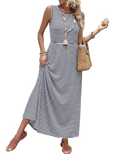 WIHOLL Sleeveless A-Line Maxi Dress with Pockets Flowy Summer Sundress