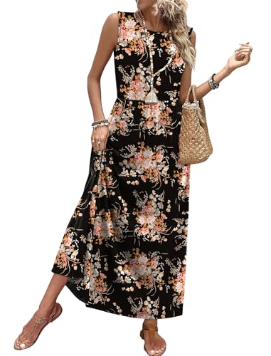 WIHOLL Summer Maxi Dress Flowy Sleeveless Sundress with Pockets