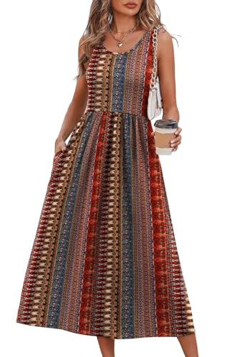 WIHOLL Women's Flowy Midi Sundress Sleeveless Casual Beach Dress Pockets