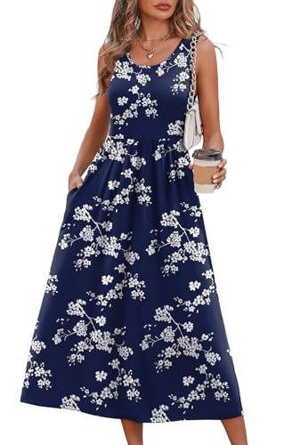 WIHOLL Women's Flowy Midi Sundress Sleeveless Casual Beach Dress Pockets