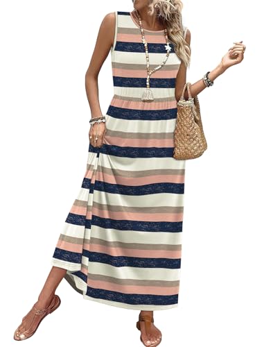 WIHOLL Sleeveless A-Line Maxi Dress with Pockets Flowy Summer Sundress