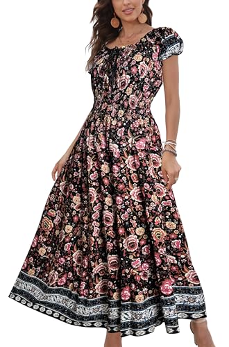 OSTOO Womens Boho Floral Maxi Dress Vintage Style Short Sleeves