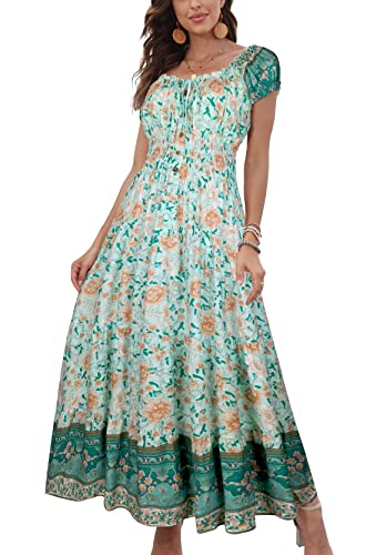 OSTOO Womens Boho Floral Maxi Dress Vintage Style Short Sleeves