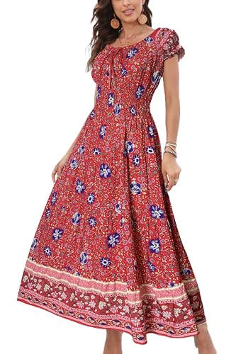 OSTOO Womens Boho Floral Maxi Dress Vintage Style Short Sleeves