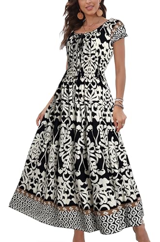 OSTOO Womens Boho Floral Maxi Dress Vintage Style Short Sleeves