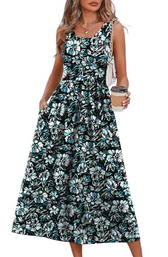 WIHOLL Women's Flowy Midi Sundress Sleeveless Casual Beach Dress Pockets