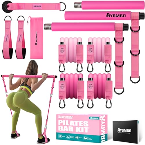 Adjustable 3-Section Pilates Bar Kit with Resistance Bands Unisex Pink