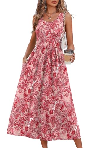WIHOLL Women's Flowy Midi Sundress Sleeveless Casual Beach Dress Pockets