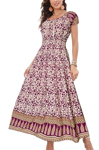 OSTOO Womens Boho Floral Maxi Dress Vintage Style Short Sleeves