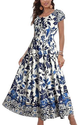 OSTOO Womens Boho Floral Maxi Dress Vintage Style Short Sleeves