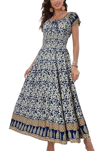 OSTOO Womens Boho Floral Maxi Dress Vintage Style Short Sleeves