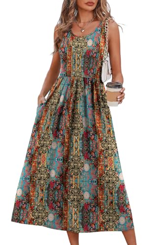 WIHOLL Women's Flowy Midi Sundress Sleeveless Casual Beach Dress Pockets