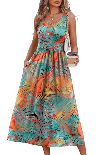 WIHOLL Women's Flowy Midi Sundress Sleeveless Casual Beach Dress Pockets