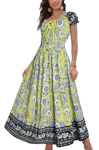 OSTOO Womens Boho Floral Maxi Dress Vintage Style Short Sleeves