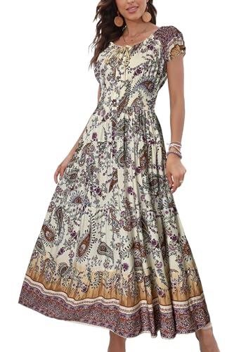 OSTOO Womens Boho Floral Maxi Dress Vintage Style Short Sleeves