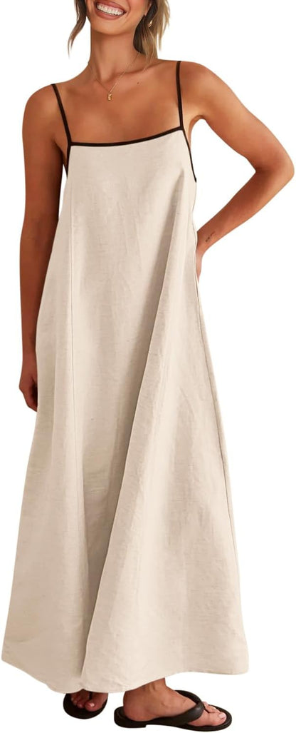 Shy Velvet Linen Maxi Dress Contrast Spaghetti Strap Backless Summer