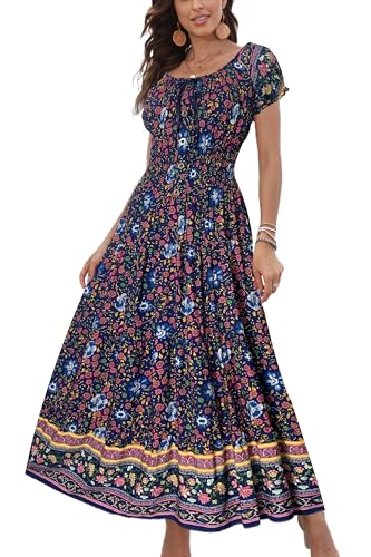 OSTOO Womens Boho Floral Maxi Dress Vintage Style Short Sleeves