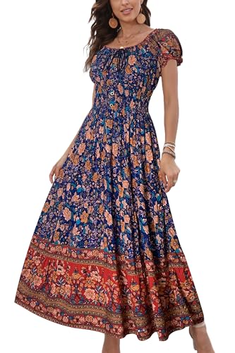 OSTOO Womens Boho Floral Maxi Dress Vintage Style Short Sleeves