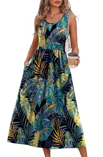 WIHOLL Women's Flowy Midi Sundress Sleeveless Casual Beach Dress Pockets