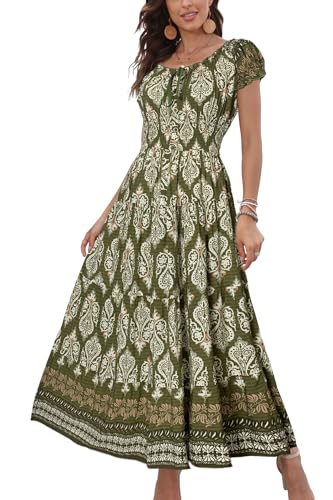 OSTOO Womens Boho Floral Maxi Dress Vintage Style Short Sleeves
