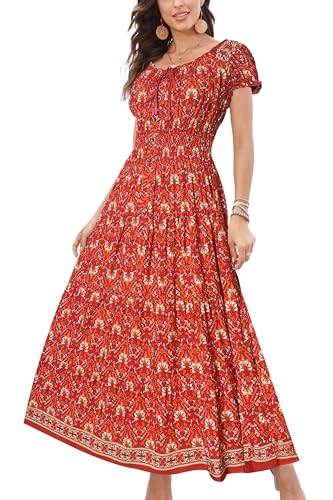 OSTOO Womens Boho Floral Maxi Dress Vintage Style Short Sleeves