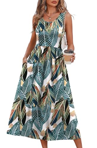 WIHOLL Women's Flowy Midi Sundress Sleeveless Casual Beach Dress Pockets