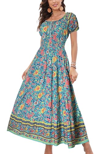 OSTOO Womens Boho Floral Maxi Dress Vintage Style Short Sleeves
