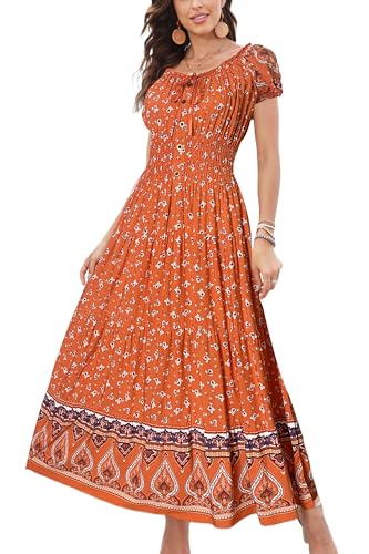 OSTOO Womens Boho Floral Maxi Dress Vintage Style Short Sleeves