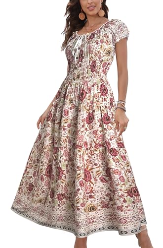 OSTOO Womens Boho Floral Maxi Dress Vintage Style Short Sleeves