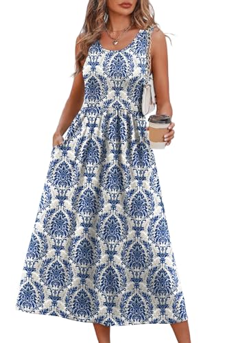 WIHOLL Women's Flowy Midi Sundress Sleeveless Casual Beach Dress Pockets