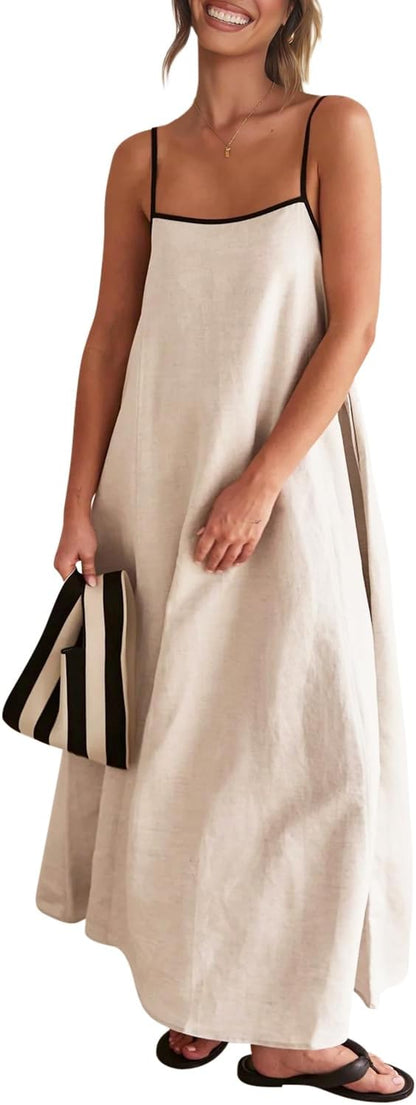 Shy Velvet Linen Maxi Dress Contrast Spaghetti Strap Backless Summer